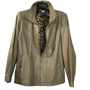 Guillaume Women’s‎ Tan Leather jacket size large Full Zip Cheetah Print READ